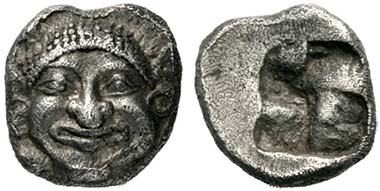 Neapolis. Obol, c. 525-490. Gorgoneion. Rev. Foud-field Quadratum Incusum. From auction Lanz 149 (2010), 101.