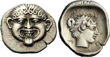 Neapolis. Triobol, late 5th-4th cent. Gorgoneion. Rev. City nymph. From auction Lanz 151 (2011), 346.