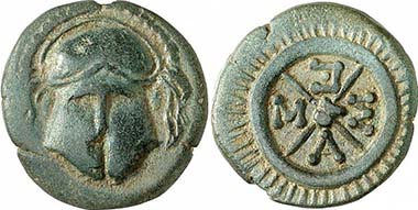 Mesembria. AE, c. 450-350. Corinthian helmet. Rev. Wheel with four spokes. From auction Gorny & Mosch 191 (2010), 1175.