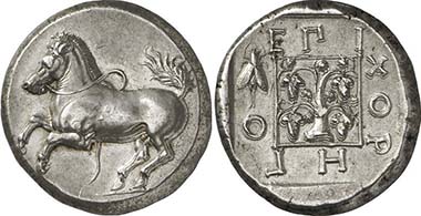Maroneia. Stater, 386-347. Horse jumping up. Vine stock, surrounded by an official?s name and a cicada. From auction Gorny & Mosch 195 (2011), 107.