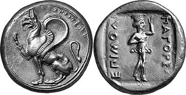 Abdera. Stater, c. 390. Griffin. Rev. female dancer. From auction Leu Numismatik AG 81 (2001), 127.