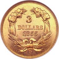1855-S Proof Three Dollar Gold Piece. PR65 Cameo.