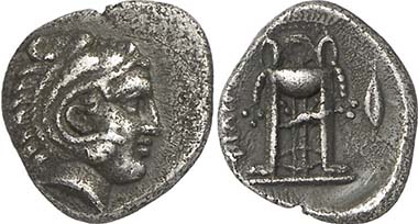 Philippi. Hemidrachm, 356-345. Head of Herakles. Rev. tripod. From auction Gorny & Mosch 195 (2011), 125.
