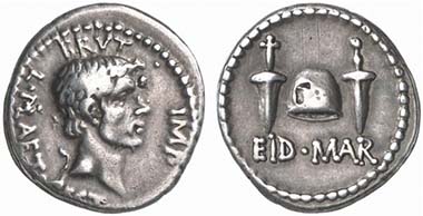 M. Iunius Brutus. Denarius, 42 B. C. Head of Brutus. Rev. pileus between two daggers. Cr. 508/3. From auction Künker 124 (2007), 8483.