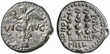 Philippi. Bronze, 1st half of the 1st cent. A. D. Victoria. Rev. three standards. From auction Künker 124 (2007), 8705.