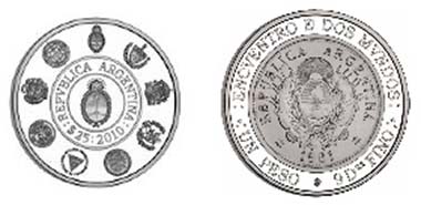 Argentina's coin. The obverse is a replica of the country's first 1-Peso coin minted in silver after 1881.