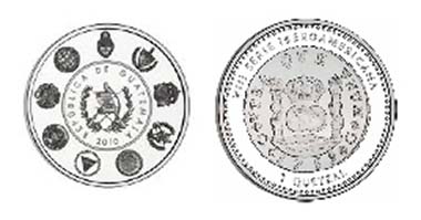 A replica of the first orbicular or circular coin that was minted in Guatemala after 1754.
