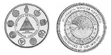 This coin reproduces Nicaragua's first coins minted in the cordoba currency in 1912.