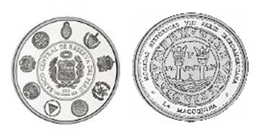 This reproduces the reverse of the first coin struck at the Mint of Lima in 1568.