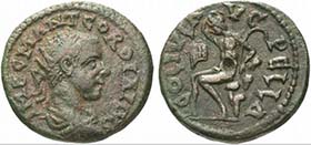 Pella. Gordian III. Bronze. Rev. COL IVL AVG PELLA Enthroned Pan l. From auction Münzen und Medaillen GmbH 13 (2003), 93.