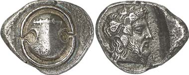 Thebes. Stater, c. 426-395. Rev. Dionysos. From auction Gorny & Mosch 195 (2011), 167. - The club on the obverse is indicative of Herakles, the reverse of Dionysos.