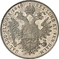 Konventionsthaler 1848 A, Vienna. J. 290. From Künker sale 195 (September 28, 2011), 4393. About brilliant uncirculated. Estimate: 5,000 Euros. - The extremely rare coinage - known are 10 pieces each with the years 1848, 1849, 1850, 1851 and 1852 - showing the portrait of the emperor to the left were all produced as patterns in 1852. Because the emperor didn?t like his portrait, this type wasn?t issued. The coins were given to the emperor, public coin cabinets and high-ranking private individuals.