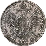 Double vereinsthaler 1866 A, Vienna. J. 317. From Künker sale 195 (September 28, 2011), 4443. About extremely fine. Estimate: 600 Euros. - The double vereinsthaler after the Vienna Coinage Contract were allowed to circulate in all countries involved.
