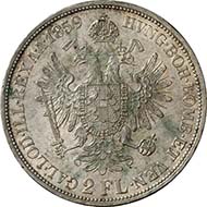 Double gulden, 1859 B, Kremnitz. J. 329. From Künker sale 195 (September 28, 2011), 4445. Extremely fine. Estimate: 150 Euros. - One Austrian double gulden after the Vienna Coinage Contract equated 2/3 Prussian thaler.