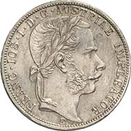 Gulden 1867 E, Karlsburg. J. 335a. From Künker sale 195 (September 28, 2011), 4536. Extremely fine to brilliant uncirculated. Estimate: 20,000 Euros. - This specimen from Transylvanian Karlsburg (Alba Iulia) is the rarest silver coin of the gulden currency.