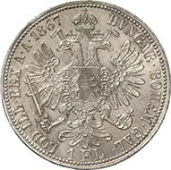 Gulden 1867 E, Karlsburg. J. 335a. From Künker sale 195 (September 28, 2011), 4536. Extremely fine to brilliant uncirculated. Estimate: 20,000 Euros. - This specimen from Transylvanian Karlsburg (Alba Iulia) is the rarest silver coin of the gulden currency.