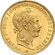 Vereinskrone 1864 A, Vienna. J. 315. From Künker sale 195 (September 28, 2011), 4174. Extremely fine to brilliant uncirculated. Estimate: 7,000 Euros. - The vereinskrone of 10 g wasn't very popular: compared to the silver coin, it had no fixed exchange rate and a different standard than the popular French franc. No wonder than this emission from 1864 consisted of 1,530 specimens only.