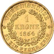 Vereinskrone 1864 A, Vienna. J. 315. From Künker sale 195 (September 28, 2011), 4174. Extremely fine to brilliant uncirculated. Estimate: 7,000 Euros. - The vereinskrone of 10 g wasn't very popular: compared to the silver coin, it had no fixed exchange rate and a different standard than the popular French franc. No wonder than this emission from 1864 consisted of 1,530 specimens only.