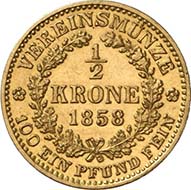 1/2 vereinskrone 1858 V. Venice. J. 314. From Künker sale 195 (September 28, 2011), 4176. Extremely fine. Estimate: 25,000 Euros. - Even more unpopular was the half vereinskrone. This specimen wasn?t minted in Vienna but in Venice with a mintage of 947 pieces.