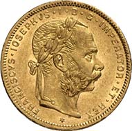 8 gulden (20 franken) 1876, Vienna. J. 362. From Künker sale 195 (September 28, 2011), 4188. Extremely fine. Estimate: 200 Euros. - It's easy to understand that only a few years later, Austria began minting coins compatible with the gold coins of the Latin Monetary Union.