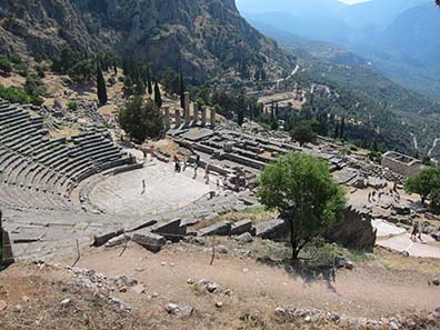 Delphi - view from the theater to temple and treasuries. Photograph: KW.