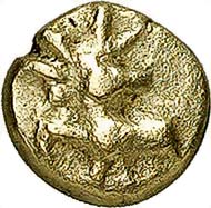 EPHESUS(?). Phanes(?). 1/12th stater, 625-600 B. C. Stag protome l. Rev. Quadrisected incuse design. Weidauer 38. From Gorny & Mosch auction 186 (2010), no. 1375.
Traditionally, these small coins with the stag protome without legend are attributed to Phanes. That would call the localization of the coinage in Ephesus into question since Karwiese has identified the so-called