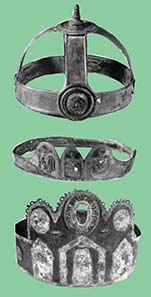 Three of eight Iceni bronze crowns and diadems from Hockwold, Norfolk, and Cavenham, Suffolk, c. 2nd-4th century AD. Source: photos by Otto Fein © The Warburg Institute, from J.M.C. Toynbee, Art in Roman Britain, Phaidon Press 1962, pls. 139, 140, 141.