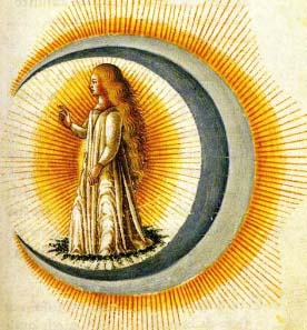 In most ancient societies the moon was regarded as female and symbolic of fecundity. Source: from the wedding book Le nozze di Costantio Sforza e Camilla d'Aragona, 1480.