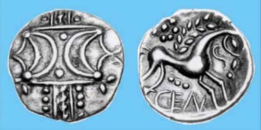 The cuspate moon-crown first seen on Carl's Crown reappears decades later in a simpler, more stylised form on inscribed silver coins of the Iceni c. AD 10-43. Source: Chris Rudd.