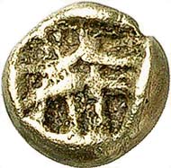 EPHESUS(?). Phanes(?). 1/12th stater, 625-600 B. C. Stag protome l. Rev. Quadrisected incuse design. Weidauer 38. From Gorny & Mosch auction 186 (2010), no. 1375.
Traditionally, these small coins with the stag protome without legend are attributed to Phanes. That would call the localization of the coinage in Ephesus into question since Karwiese has identified the so-called