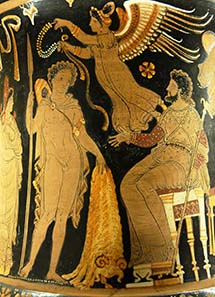 Jason takes the Golden Fleece to Pelias. Louvre, calyx krater 340-330 B. C. Source: Wikipedia.