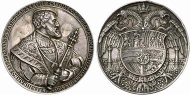 Charles V. Cast silver medal after H. Reinhart. Half-length portrait with the Order of the Golden Fleece. Rev. double eagle with coat of arms. From auction Künker 189 (2011), 1570.