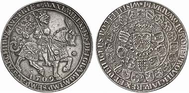 Maximilian I. Schauguldiner 1509, minted in 1517 in Antwerp on the assumption of the imperial title. Cuirassed emperor riding r. Rev. Crowned coat of arms, sorrounded by other coats of arms, around the inner one chain of the Order of the Golden Fleece.
From auction Künker 188 (2011), 577.