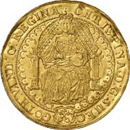 No. 5051: SWEDEN. Christina (1632-1654). Rose royal (4 ducats) n.d. (after 1648), on the Peace of Westphalia. Ahlström 31 (this specimen, XR). Deth./Ord. 83. Fb. 14 a. Hagander -. Neumann -. Only known specimen in private collection, very attractive, EF. Estimate: 50,000 Euros, Hammer price: 170,000 Euros.