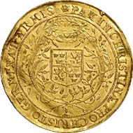 No. 5051: SWEDEN. Christina (1632-1654). Rose royal (4 ducats) n.d. (after 1648), on the Peace of Westphalia. Ahlström 31 (this specimen, XR). Deth./Ord. 83. Fb. 14 a. Hagander -. Neumann -. Only known specimen in private collection, very attractive, EF. Estimate: 50,000 Euros, Hammer price: 170,000 Euros.