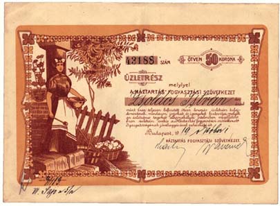 A housewife on a certificate issued by the Hungarian 'Household' General Consumer Cooperative.