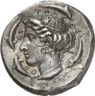 No. 91: GREEKS. Syracuse (Sicily). Tetradrachm, c. 415 - 409 B. C. Quadriga galloping r. whose winged rider is crowned by Nike. In the exergue Skylla and the signature EUTH. Rev.: Head of Arethusa surrounded by four dolphins. Below the artist's signature PHRYGILL/OS. Tudeer 47; Franke-Hirmer 37. Extremely fine. Estimated: 80,500 EUR.