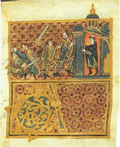 Wenceslas' assassination: the duke flees from his brother (with sword) to a church, but the priest closes the door, Gumpold von Mantua, 10th century. Wolfenbüttel, Herzog August Bibliothek, Guelf. 11,2 Augusteus 4, fol. 21r. Source: Wikipedia.
