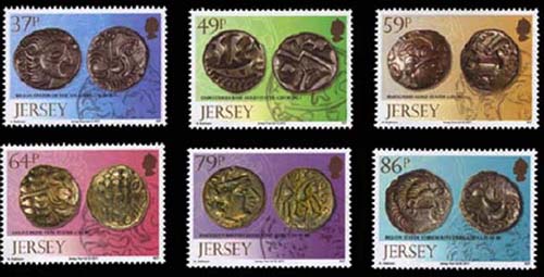 New stamps with coins from Le Catillon hoard, Jersey, 1957, mostly minted around time of Gallic War, c.60-50 BC, possibly by chieftain in Jersey (37p), by Durotriges in Dorset (49p), by Baiocasses in Calvados (59p), by Belgae in Hampshire (64p), by Regini in Sussex (79p) and by Coriosolites in Côtes-d'Armor (86p). Source: Jersey Post.