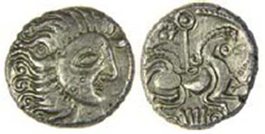 Jersey Moon Head base-silver stater, DT 2276, c. 60-56 BC. Lunate head has three-ring tattoo on cheek. Horse has sun-sceptre above, lyre-shape below. La Hougue Bie Museum, Jersey. Source: Olga Finch, Jersey Heritage.