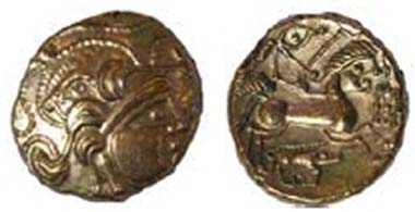 Baiocasses Boar base-gold stater, DT 2254, c. 60-50 BC. Boar above head, cords around. Horse has human head, boar standard below, flag before. La Hougue Bie Museum, Jersey. Source: Olga Finch, Jersey Heritage.