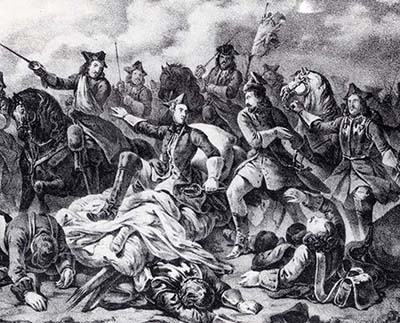 The wounded Charles XII is carried to the battlefield of Poltava on a stretcher.
