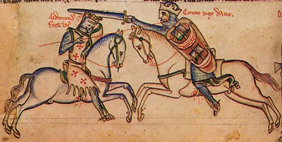 Edmond Ironside (l.) fighting against the victorious Cnut (r.). Illustration 14th cent. Source: Wikipedia.