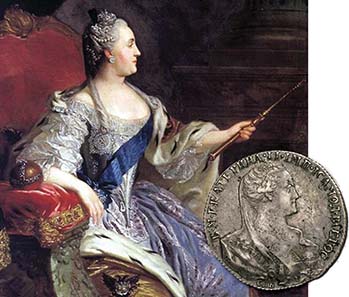 Monumental official painting of the Tsarina Catherine II by Fedor Rokotov, 1763. On the right the 1766 Rouble Lot 2092.