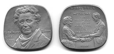 The Gertrude Elion medal was sculpted by Daniel Altshuler. The reverse pictures Dr. Elion receiving the Nobel Prize in Medicine from Carl XVI Gustaf, King of Sweden.