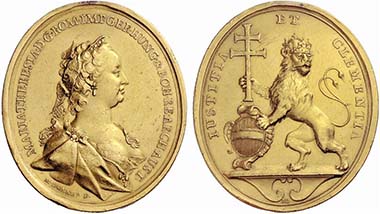 No. 738: AUSTRIA. Maria Theresia (1740-1780). Gnadenmedaille of 14 ducats n. d. (M. Donner, Vienna) on the Bohemian Coronation. Holzmair 29 (in gold not verifiable). Realized: 11,000 euros.