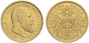 No. 790: GERMAN EMPIRE. Wuerttemberg, William II (1891-1918). 20 mark 1913, Stuttgart. Jaeger 296. Very rare. Very fine / extremely fine. Realized: 16,500 euros.