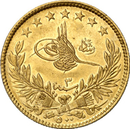 763: Ottoman Empire. Muhammad V, 1909-1918. 500 Kurush 1327 H. on the city visit to Manastir. KM 807. Only 20 specimens were minted. Extremely fine. Estimate: 7,500 EUR. Hammer price: 36,000 EUR.