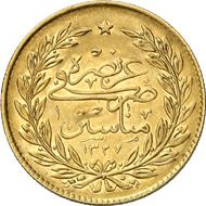 763: Ottoman Empire. Muhammad V, 1909-1918. 500 Kurush 1327 H. on the city visit to Manastir. KM 807. Only 20 specimens were minted. Extremely fine. Estimate: 7,500 EUR. Hammer price: 36,000 EUR.