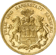 1284: Hamburg. 20 Mark 1908. J. 212. About brilliant uncirculated. Single specimen on the market. Rarest gold coin of the German Empire. Estimate: 125,000 EUR. Hammer price: 110.000 EUR.